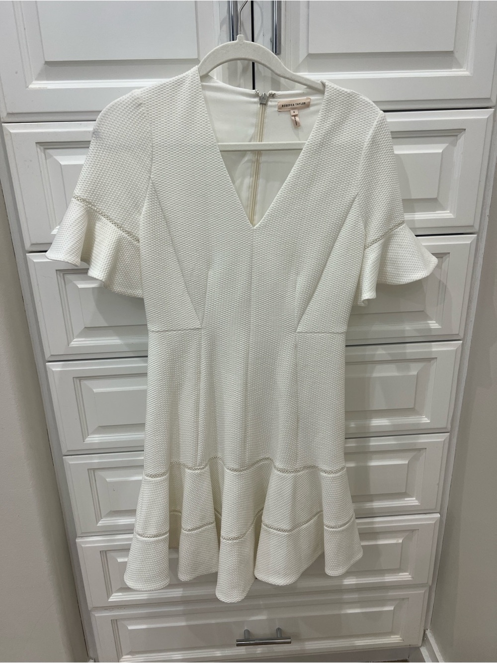 Rebecca Taylor White Textured V-Neck Ruffle Sleeve Mini Dress